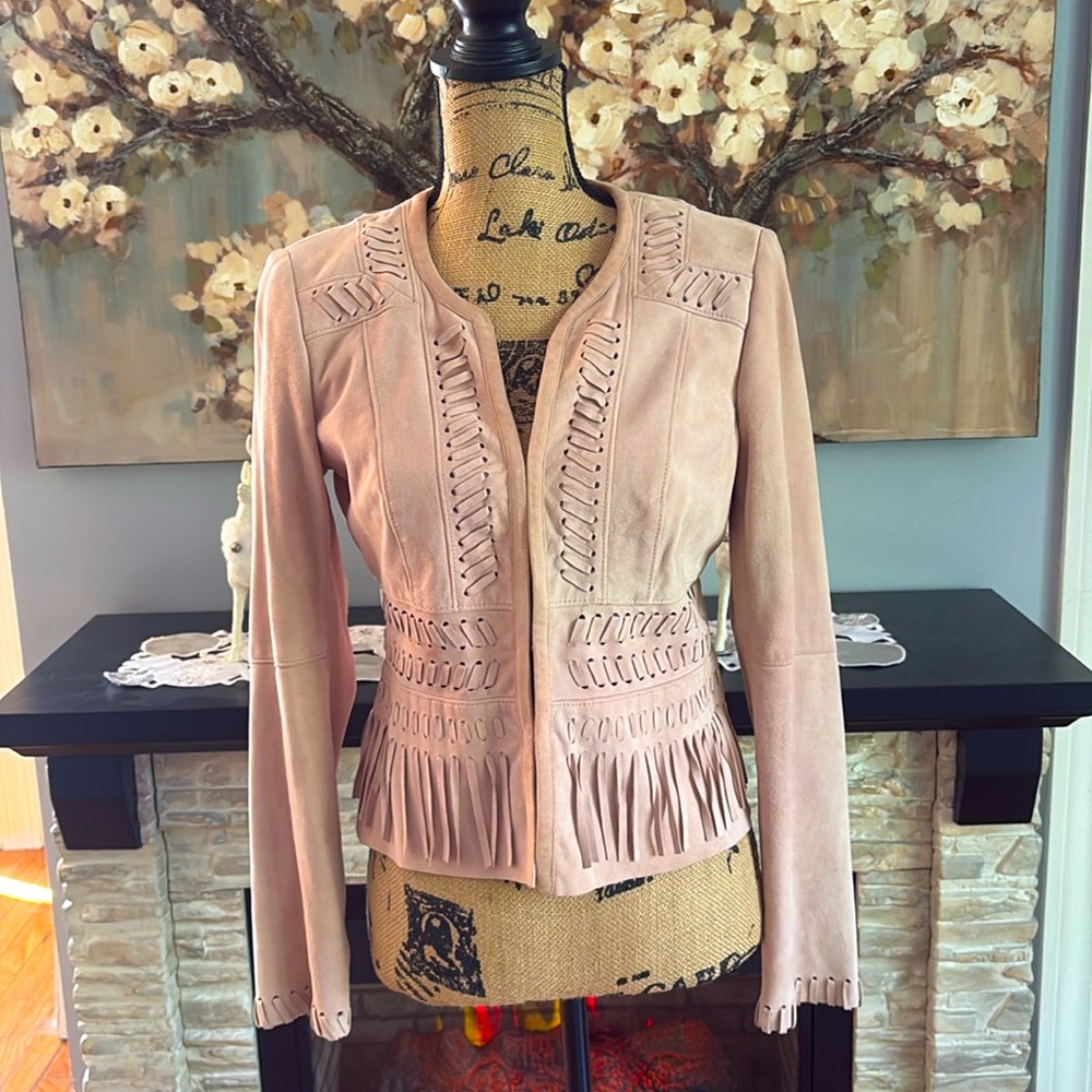 WHBM Pink Blush Leather Suede fringe jacket XS 2 4 gorgeous!